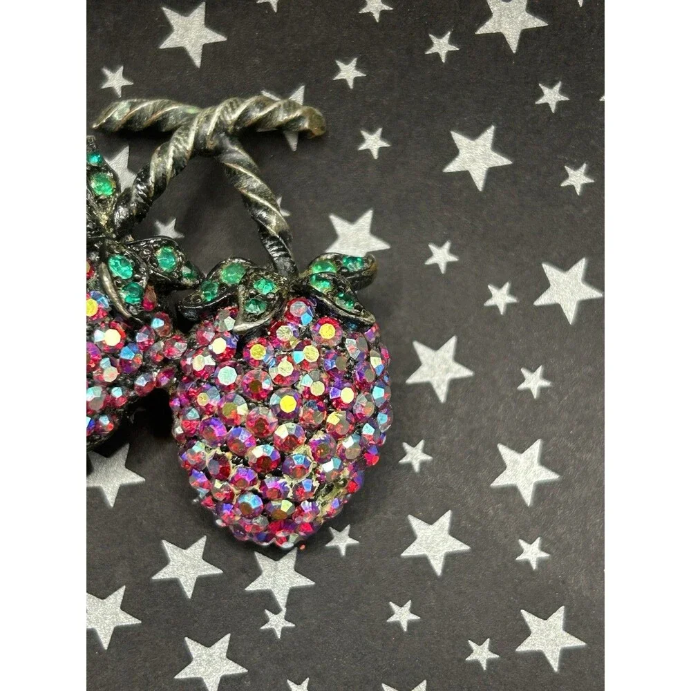 Vintage Double Strawberry WEISS Brooch Pin Green & Red AB Rhinestones